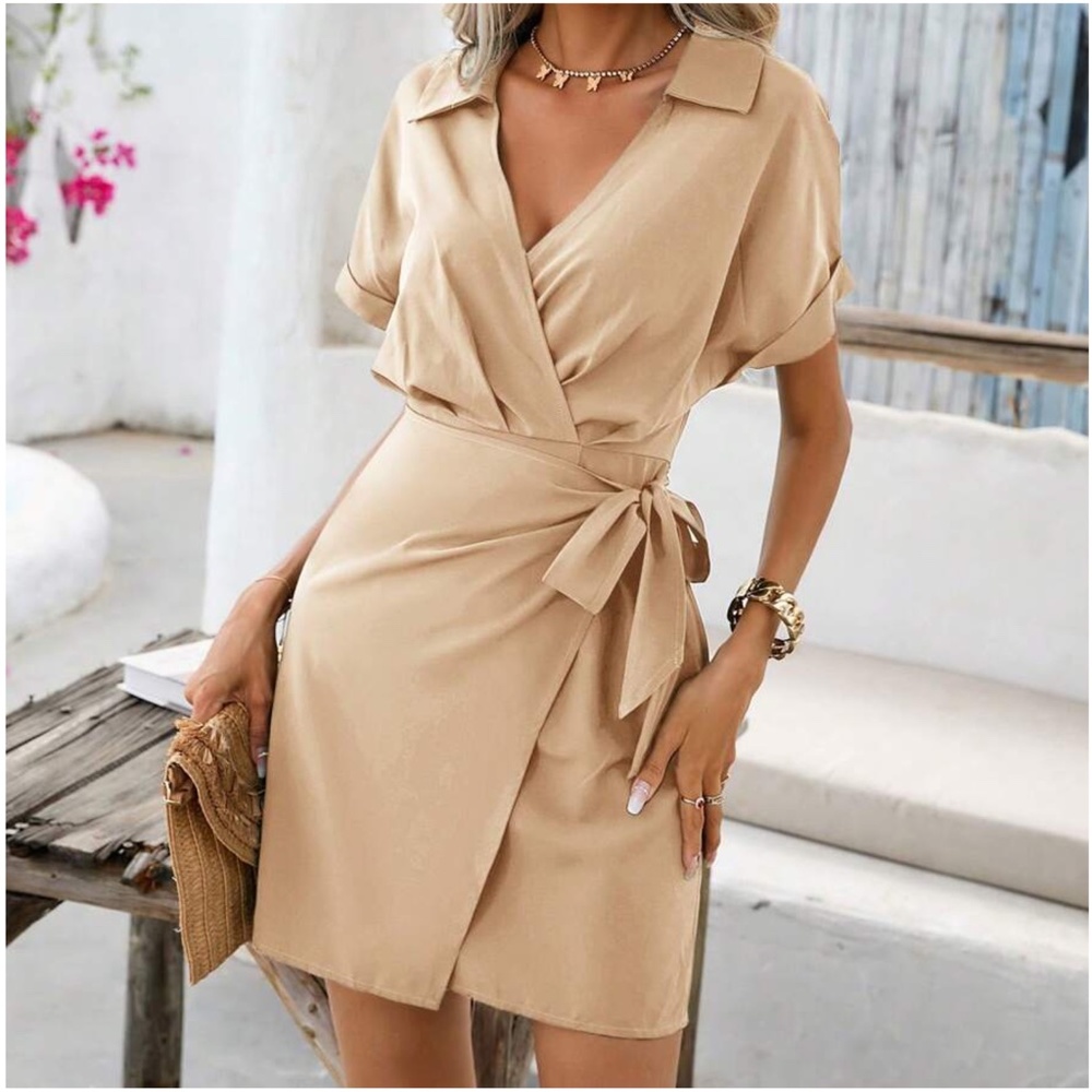 C Solid Surplice Batwing Sleeve Side Tie Dress - Picture 5 of 8